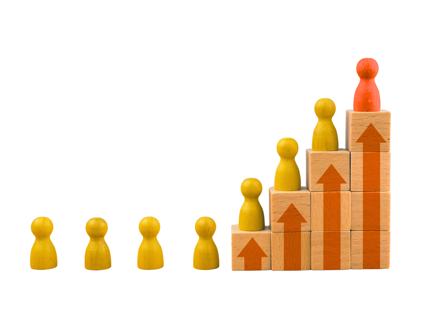 Houten pionnen klimmen langs oranje groeipijlen