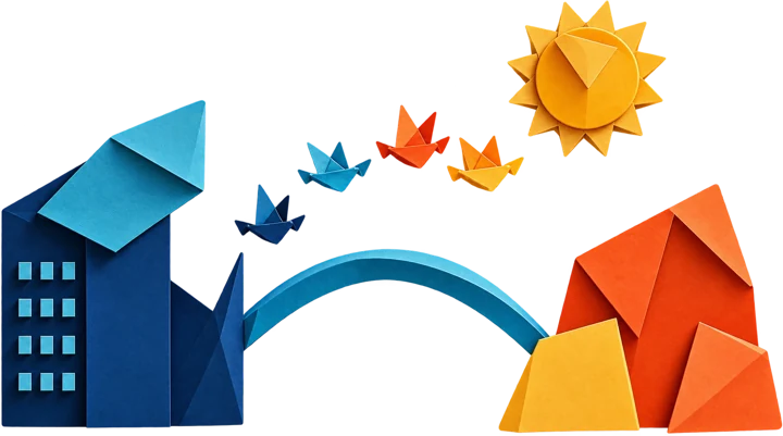 Een papieren gebouw en een oranje landschap, verbonden door een brug waarover origamivogels vliegen.