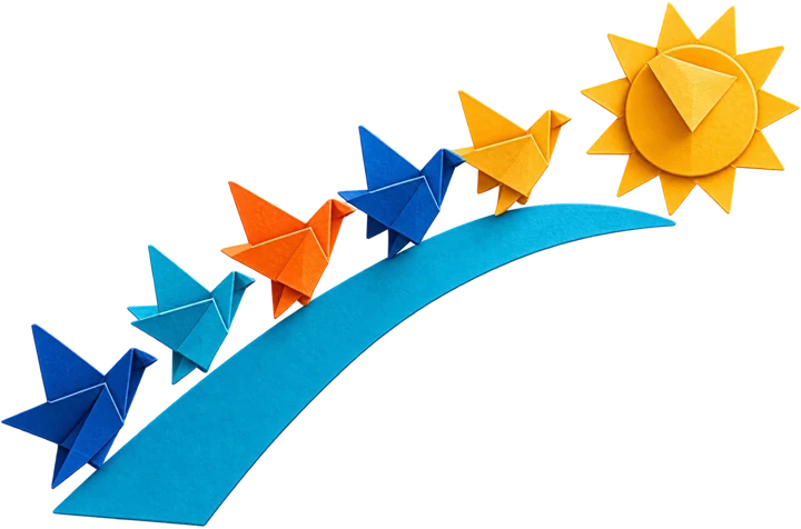 Een zwerm papieren origamivogels die samen vliegen.