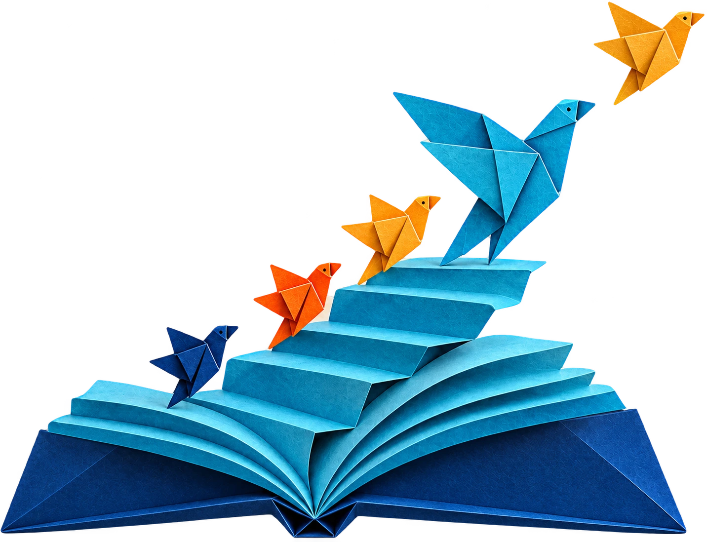 Een open papieren boek waarvan de bladzijden treden worden, met origamivogels die samen omhoog leren vliegen.