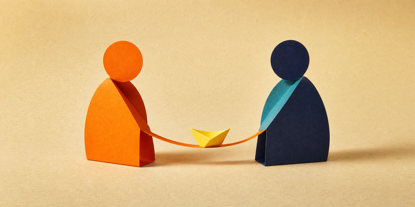 Twee gesprekspartners staan rechtstreeks met elkaar in verbinding rond een gedeelde vraag