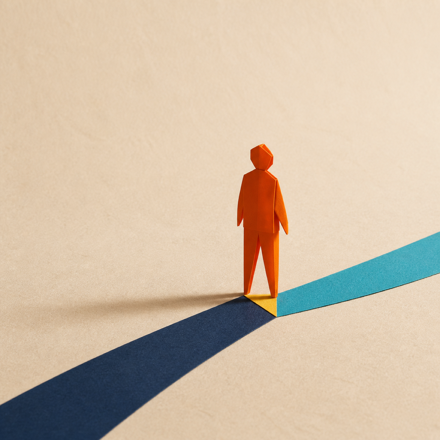 Eén individu staat op een persoonlijk keuzepunt tussen de bestaande en een nieuwe richting